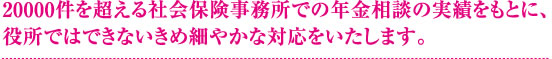 20000件を超える社会保険事務所での年金相談の実績をもとに、役所ではできないきめ細やかな対応をいたします。